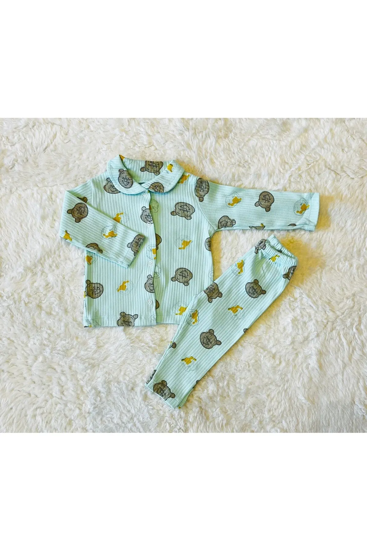 Yeşil-Ekru Çift 2’li Takım Yenidoğan Fitilli  Organik Pamuk Kumaş 2’li Kız Erkek Bebek Takım