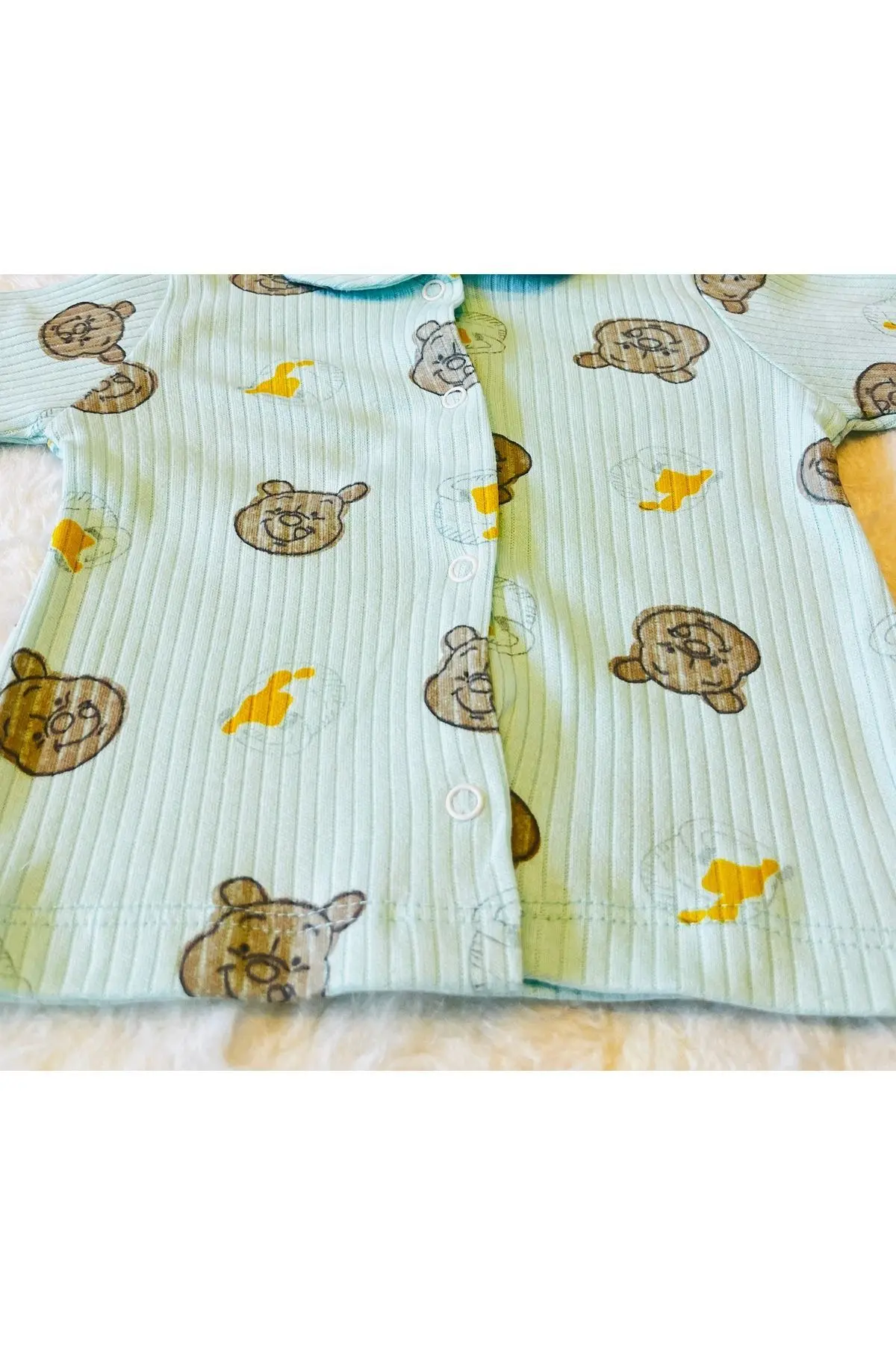 Yeşil-Ekru Çift 2’li Takım Yenidoğan Fitilli  Organik Pamuk Kumaş 2’li Kız Erkek Bebek Takım