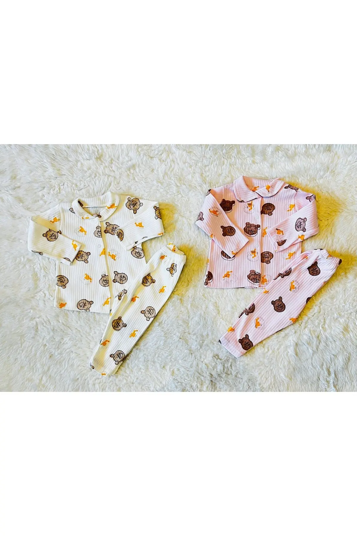 anne dokunuşu gibi KUZUM BEBE Pembe-Ekru Çift 2’li Takım Yenidoğan Fitilli  Organik Pamuk Kumaş 2’li Kız Erkek Bebek Takım