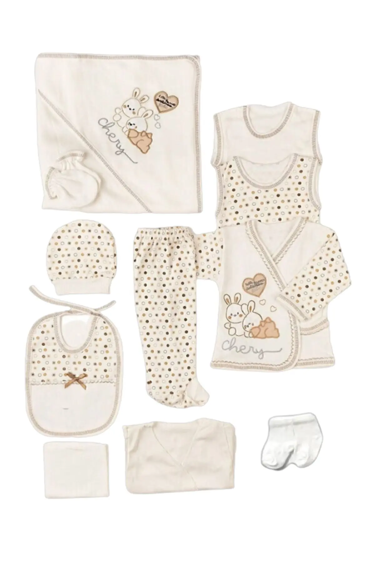 Kuzum Bebe 11 Parça Tavşan Nakışlı Kahverengi Hastane Çıkışı Yeni Doğan Zıbın Set