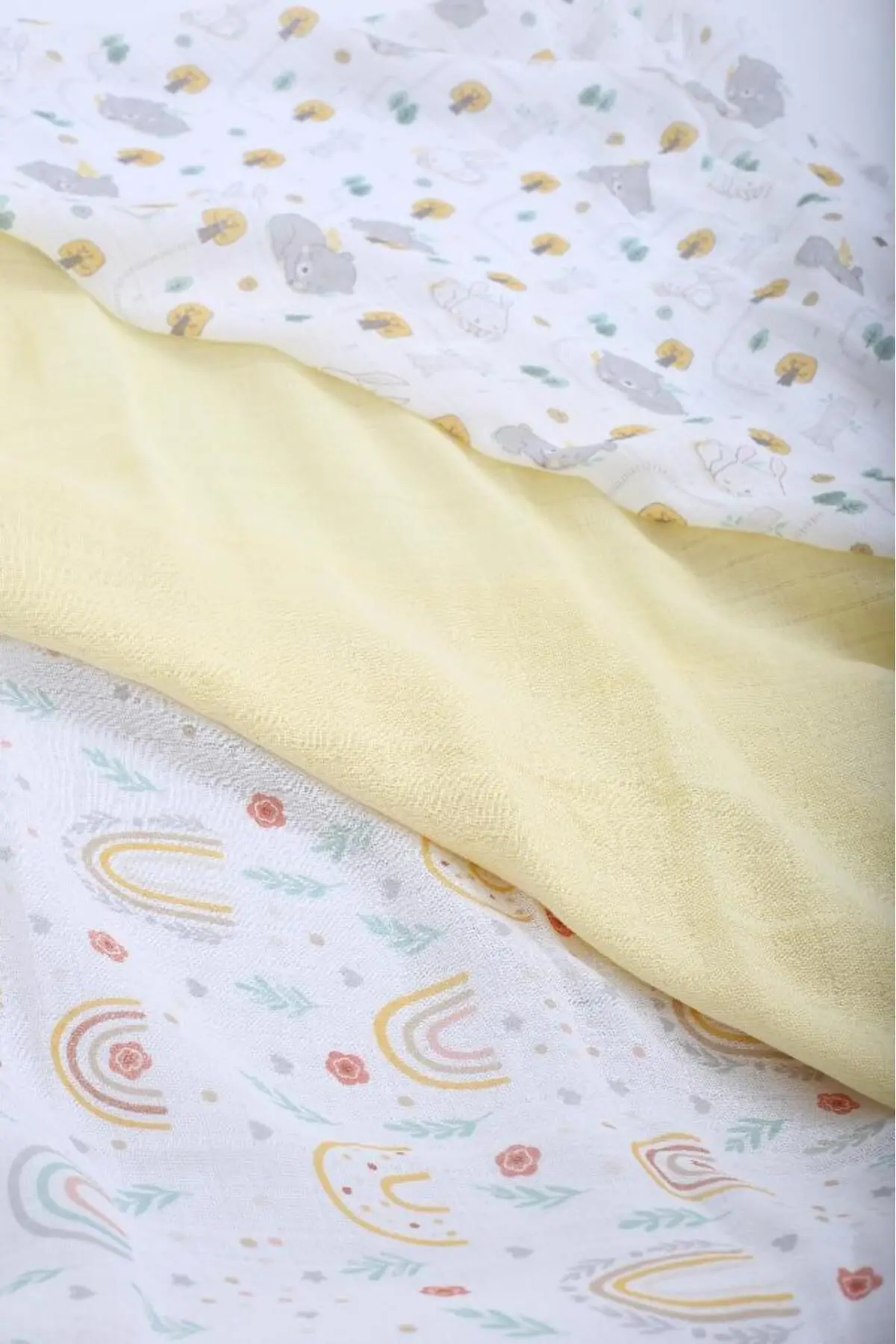 3 Desenli 3 Düz Renk Ile 6'lı, Pamuk, Çok Amaçlı Müslin Bebek Bezi, Örtü, Battaniye Seti - Ztc100