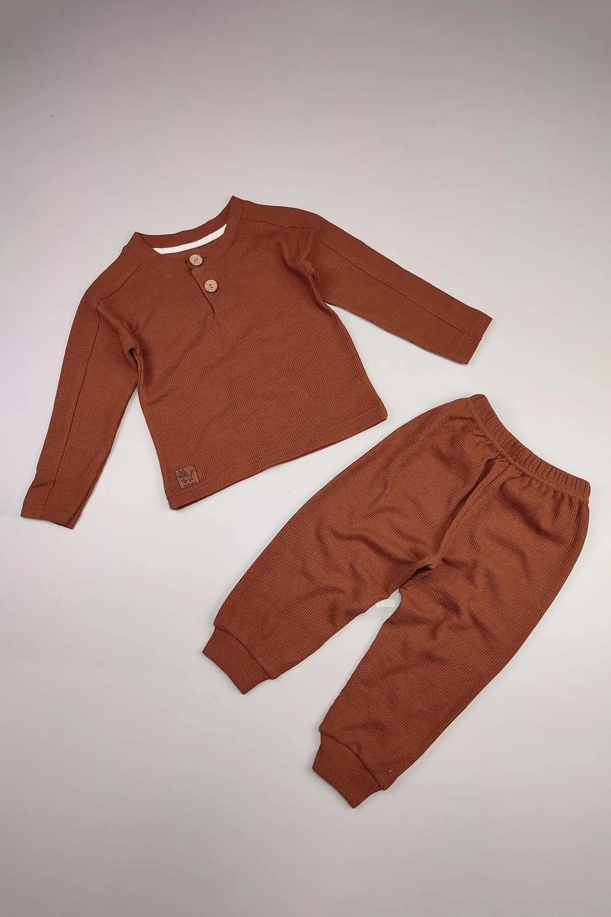 Bebek 5 Ekle 4 Öde Çocuk Waffle Pamuklu Deri Etiket Takim Reglan Ahsap Dügme Patli Hediyelik 15017