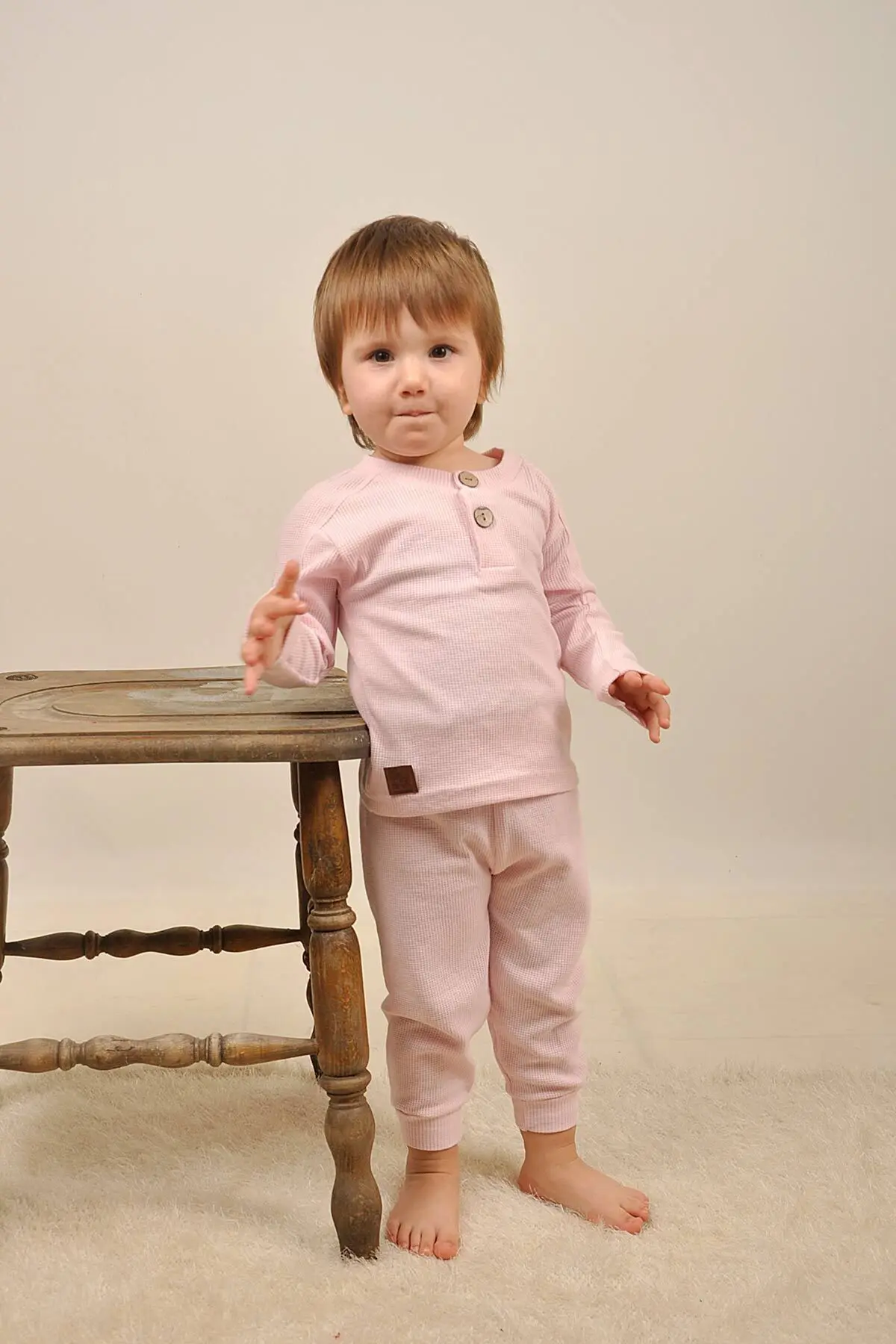 Bebek 5 Ekle 4 Öde Çocuk Waffle Pamuklu Deri Etiket Takim Reglan Ahsap Dügme Patli Hediyelik 15017