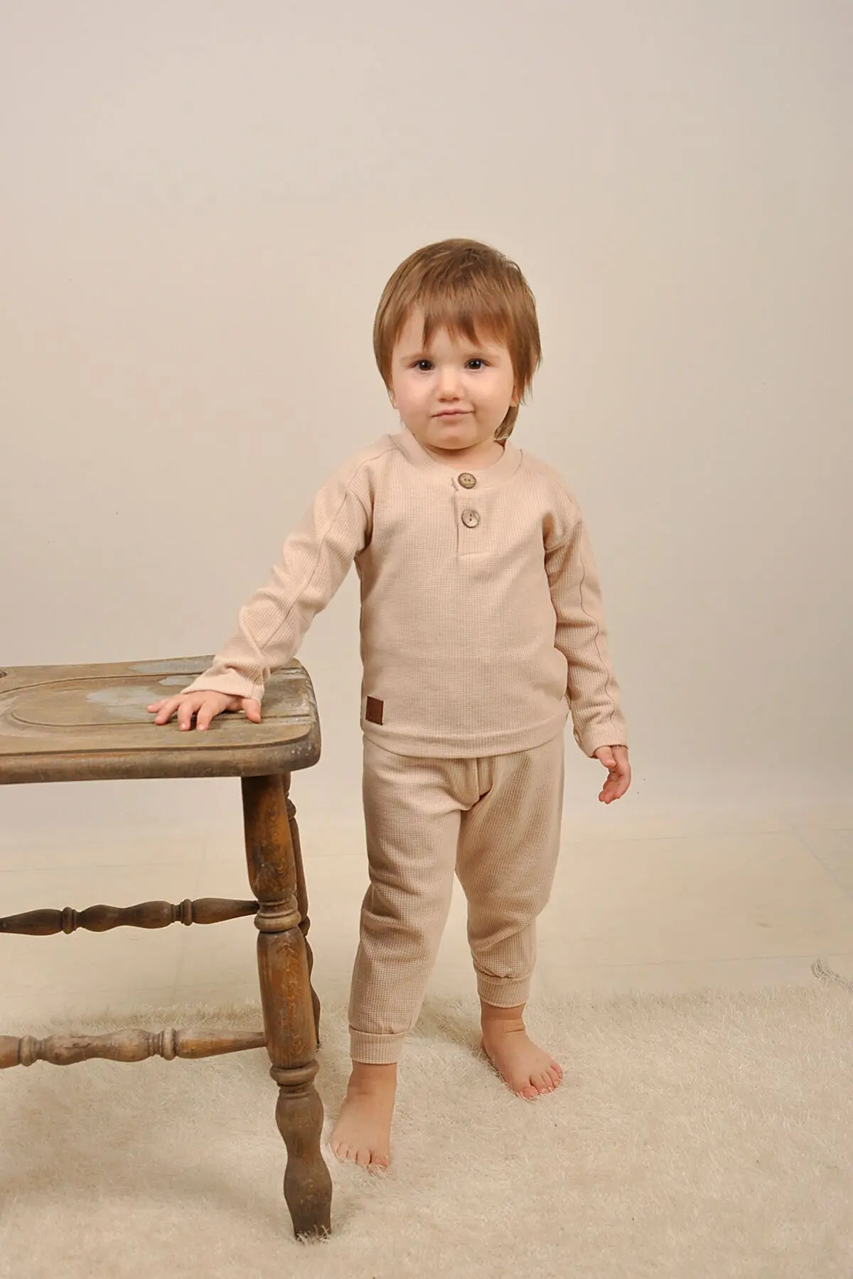 Bebek 5 Ekle 4 Öde Çocuk Waffle Pamuklu Deri Etiket Takim Reglan Ahsap Dügme Patli Hediyelik 15017