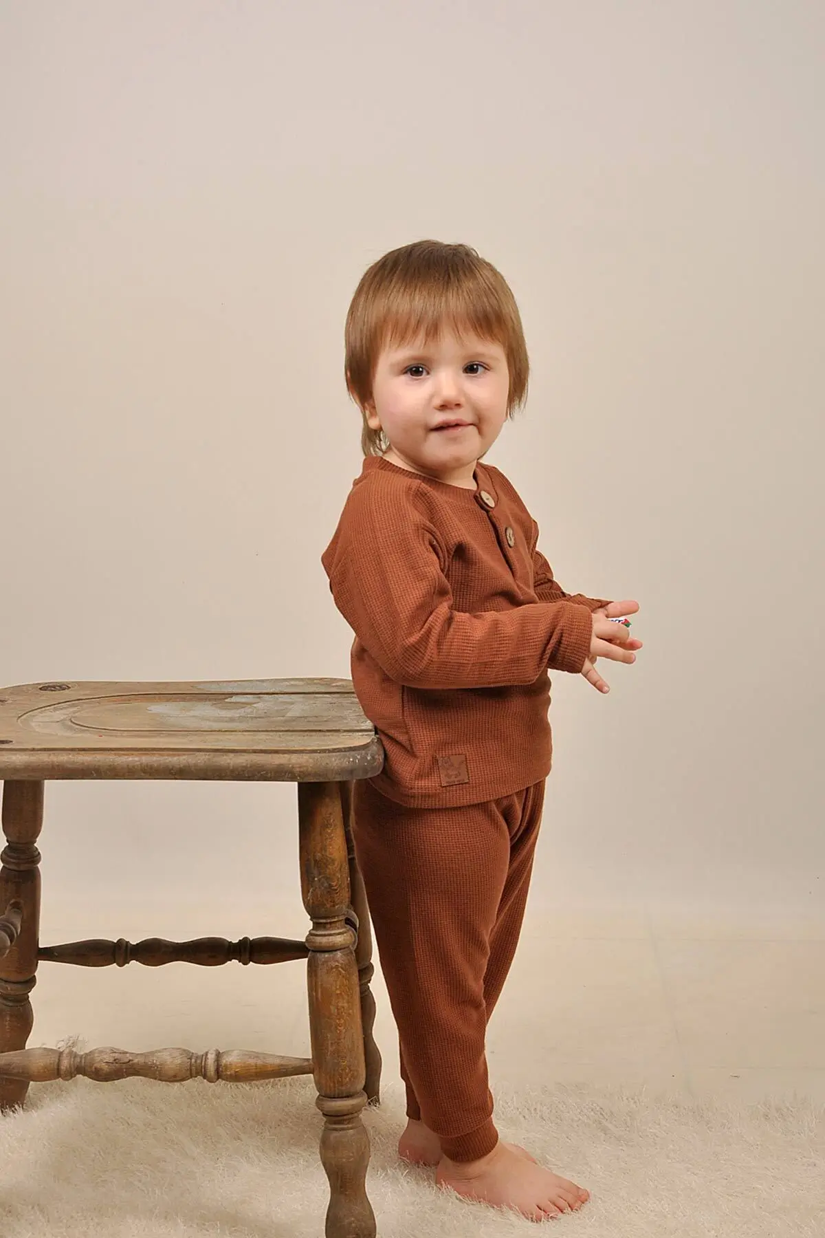 Bebek 5 Ekle 4 Öde Çocuk Waffle Pamuklu Deri Etiket Takim Reglan Ahsap Dügme Patli Hediyelik 15017