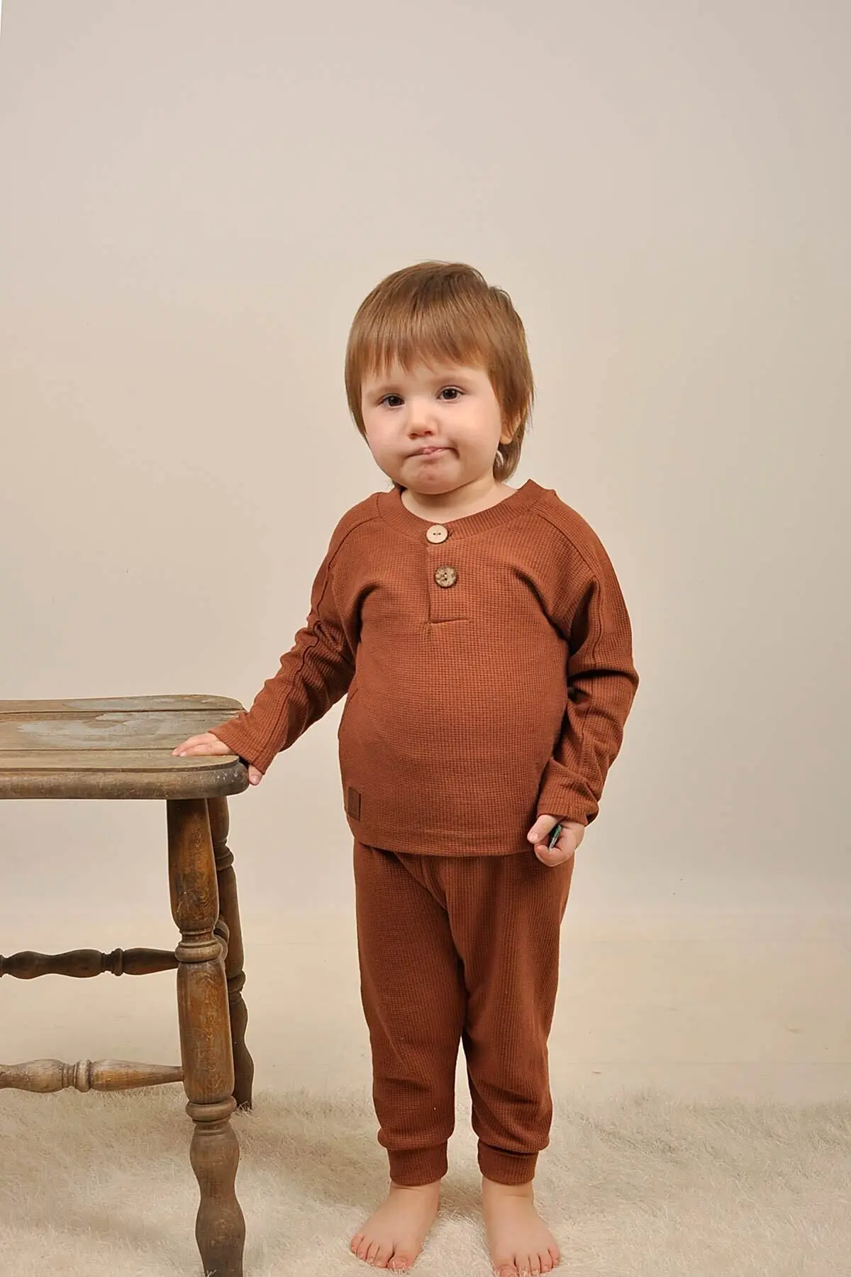 Bebek 5 Ekle 4 Öde Çocuk Waffle Pamuklu Deri Etiket Takim Reglan Ahsap Dügme Patli Hediyelik 15017