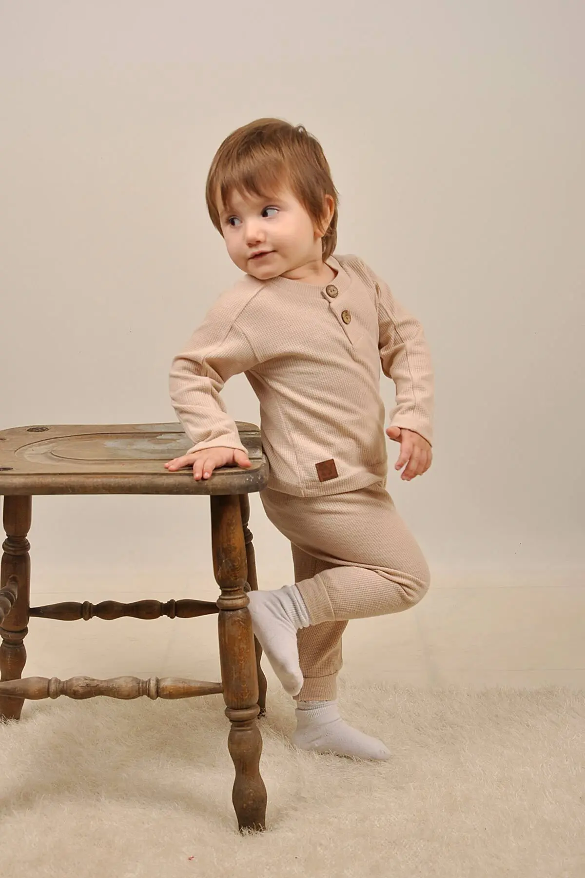 Bebek 5 Ekle 4 Öde Çocuk Waffle Pamuklu Deri Etiket Takim Reglan Ahsap Dügme Patli Hediyelik 15017