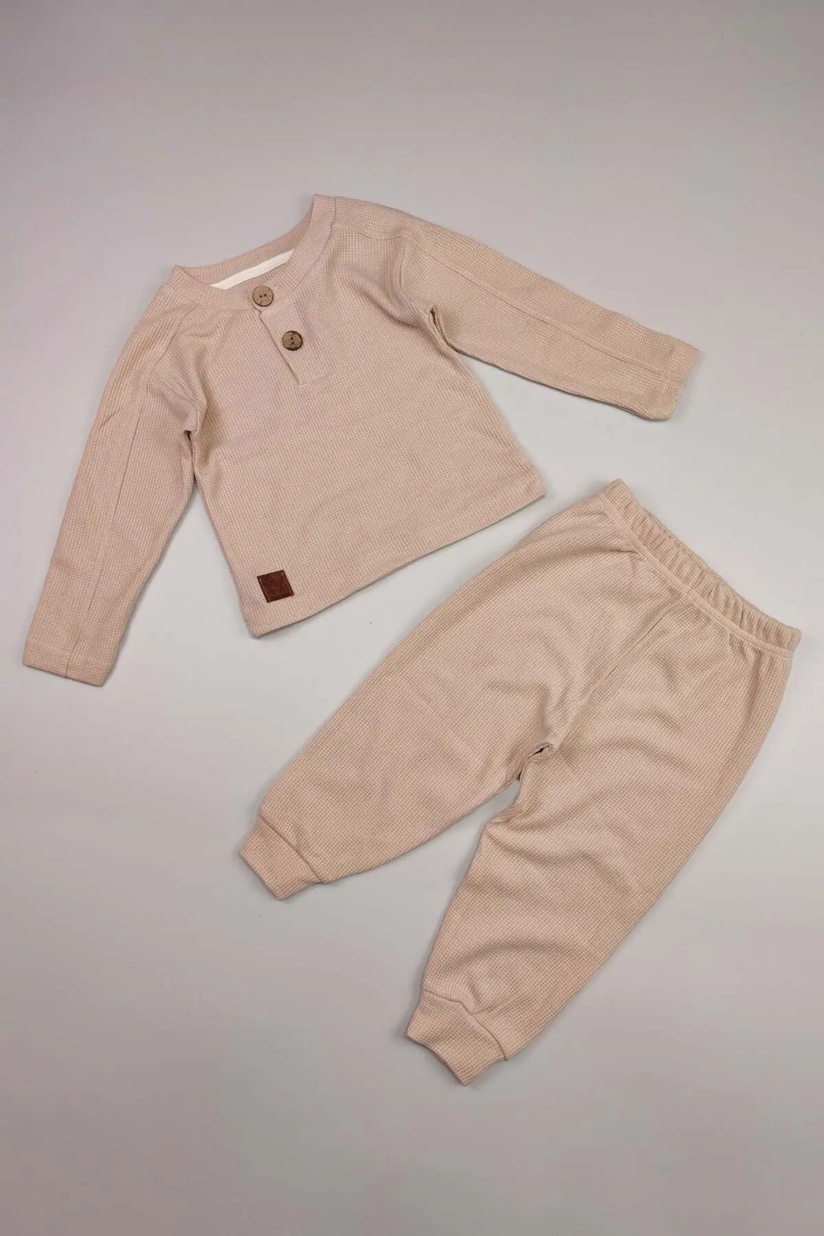 Bebek 5 Ekle 4 Öde Çocuk Waffle Pamuklu Deri Etiket Takim Reglan Ahsap Dügme Patli Hediyelik 15017