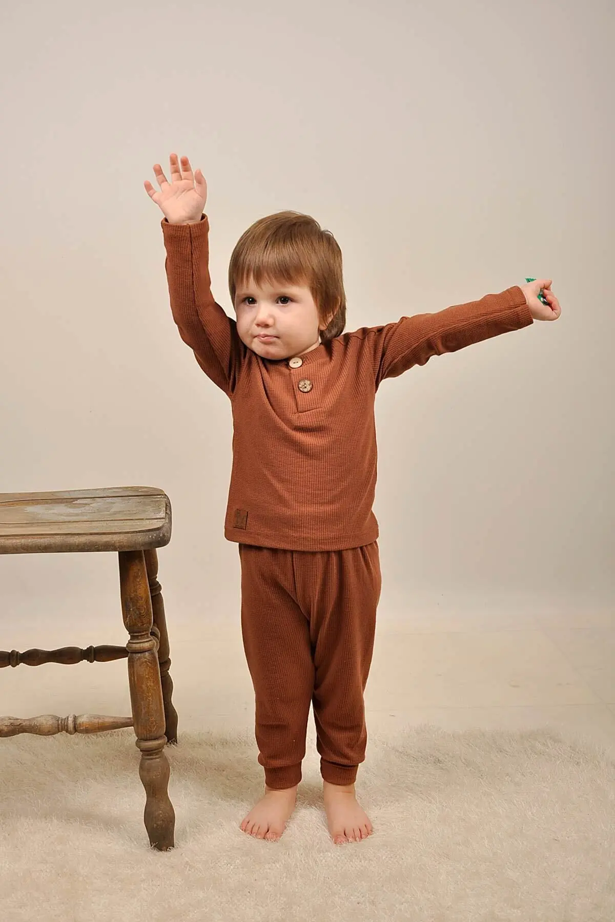 Bebek 5 Ekle 4 Öde Çocuk Waffle Pamuklu Deri Etiket Takim Reglan Ahsap Dügme Patli Hediyelik 15017