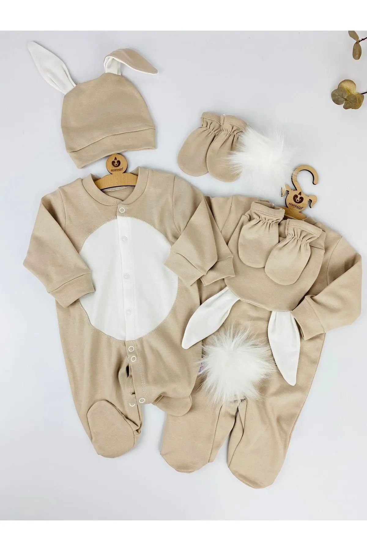 BEBERAZZİ Bej Tavşan Temalı Ponponlu Üçlü Set Tulum Yenidoğan Bebek Hastane Çıkışı