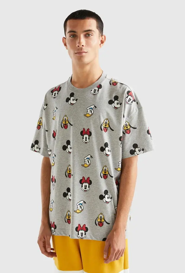 Unisex Gri %100 Koton Küçük Disney Baskılı T-Shirt