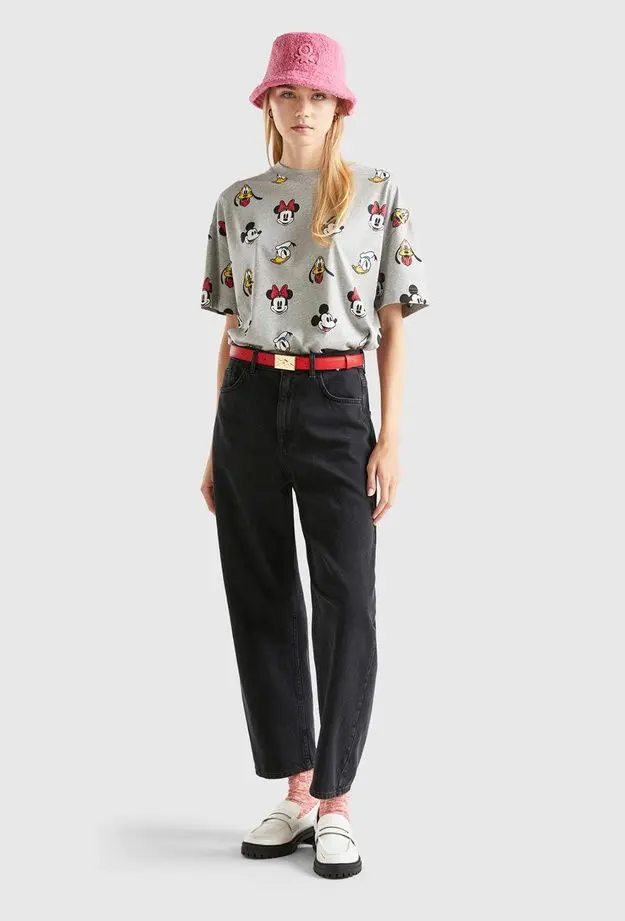 Unisex Gri %100 Koton Küçük Disney Baskılı T-Shirt