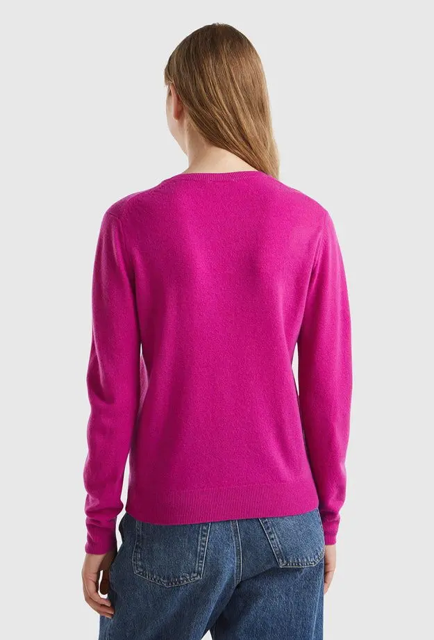 Kadın Fuşya Bisiklet Yaka %100 Merino Kazak