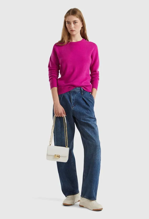 Kadın Fuşya Bisiklet Yaka %100 Merino Kazak