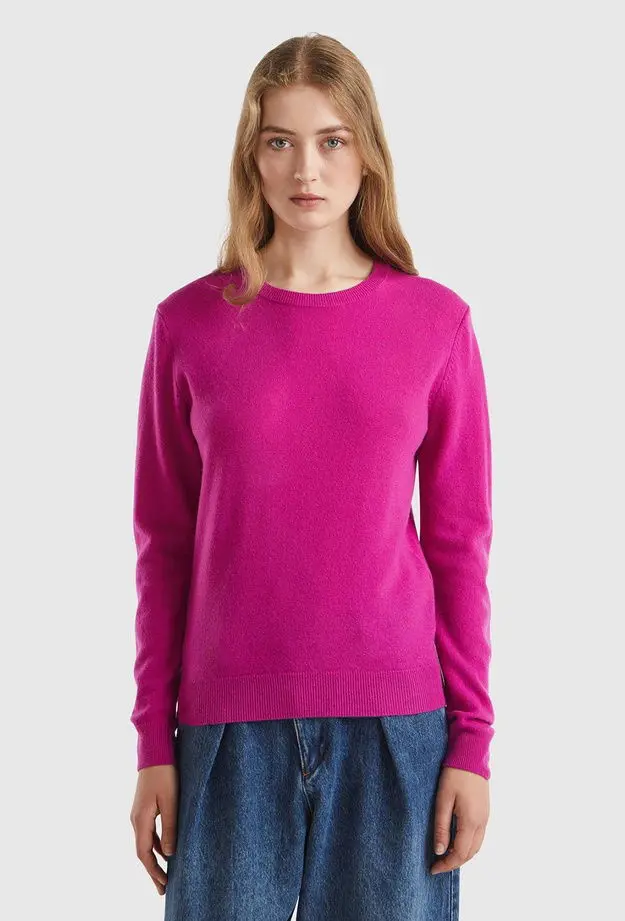 Kadın Fuşya Bisiklet Yaka %100 Merino Kazak