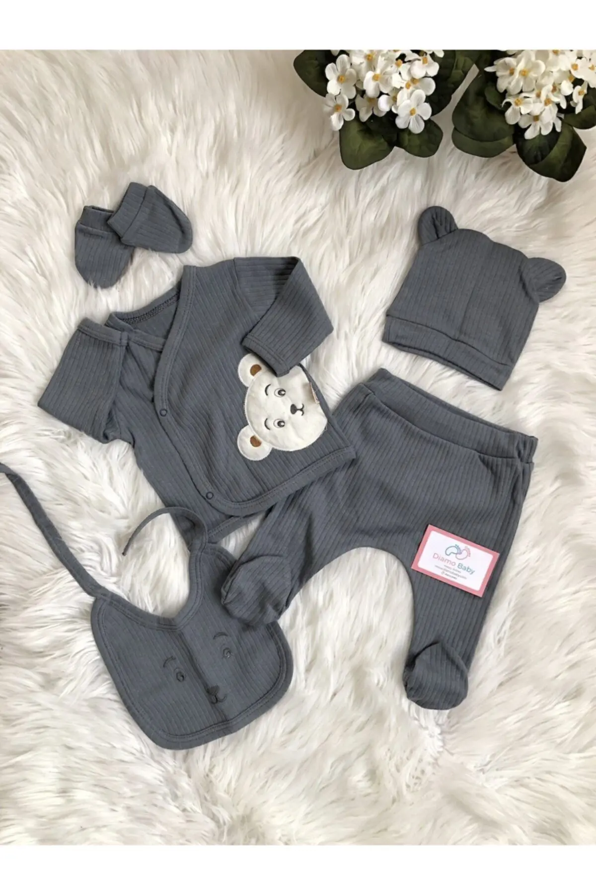 Beyaz Bebek Bear Minimal Taş 5'li Yenidoğan Hastane Çıkışı Seti