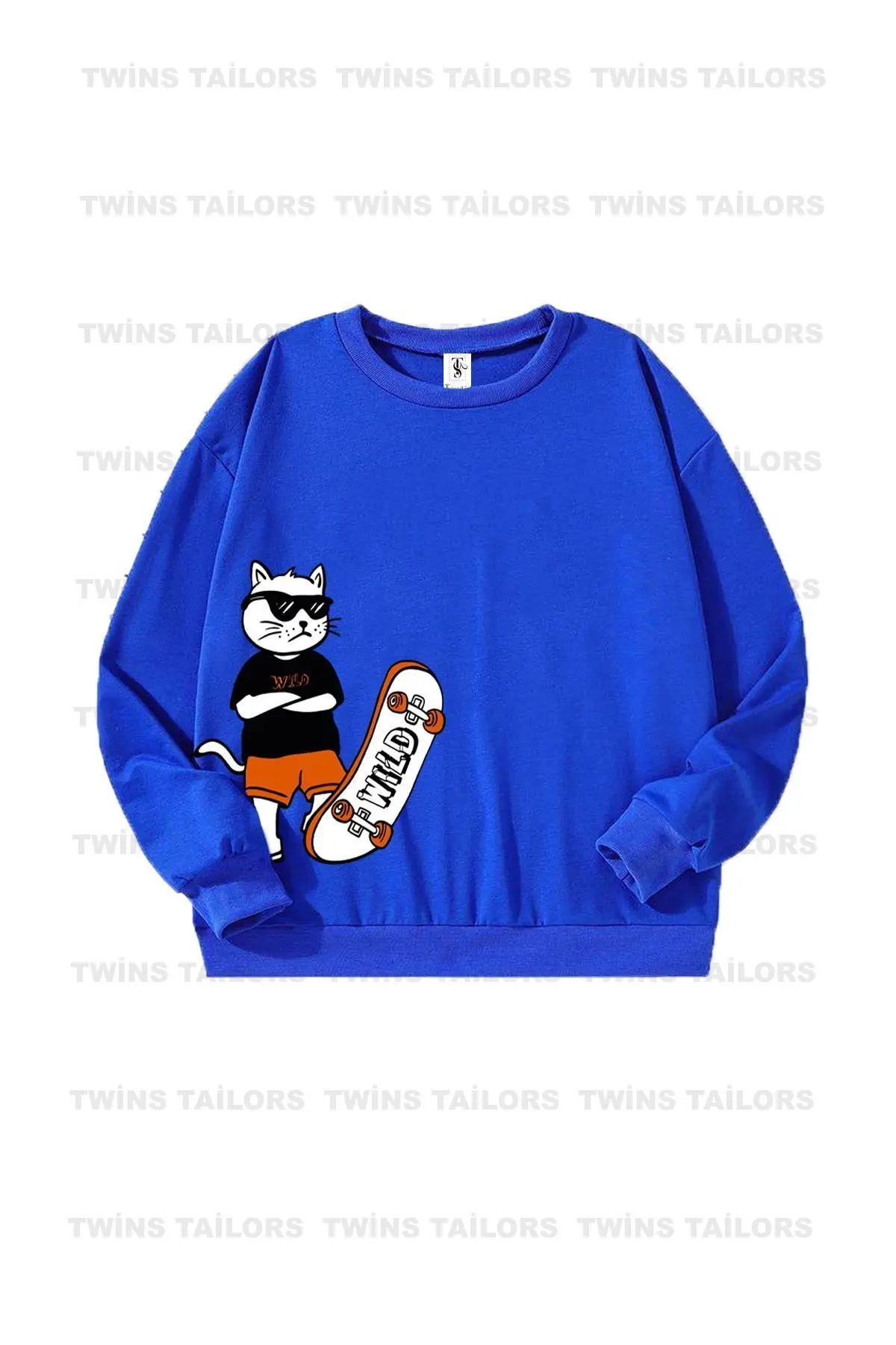 Kaykaylı Kedi Baskılı 3'lü Paket Unisex Saks Mavisi-Gri-Lacivert Bisiklet Yaka Çocuk Sweatshirt