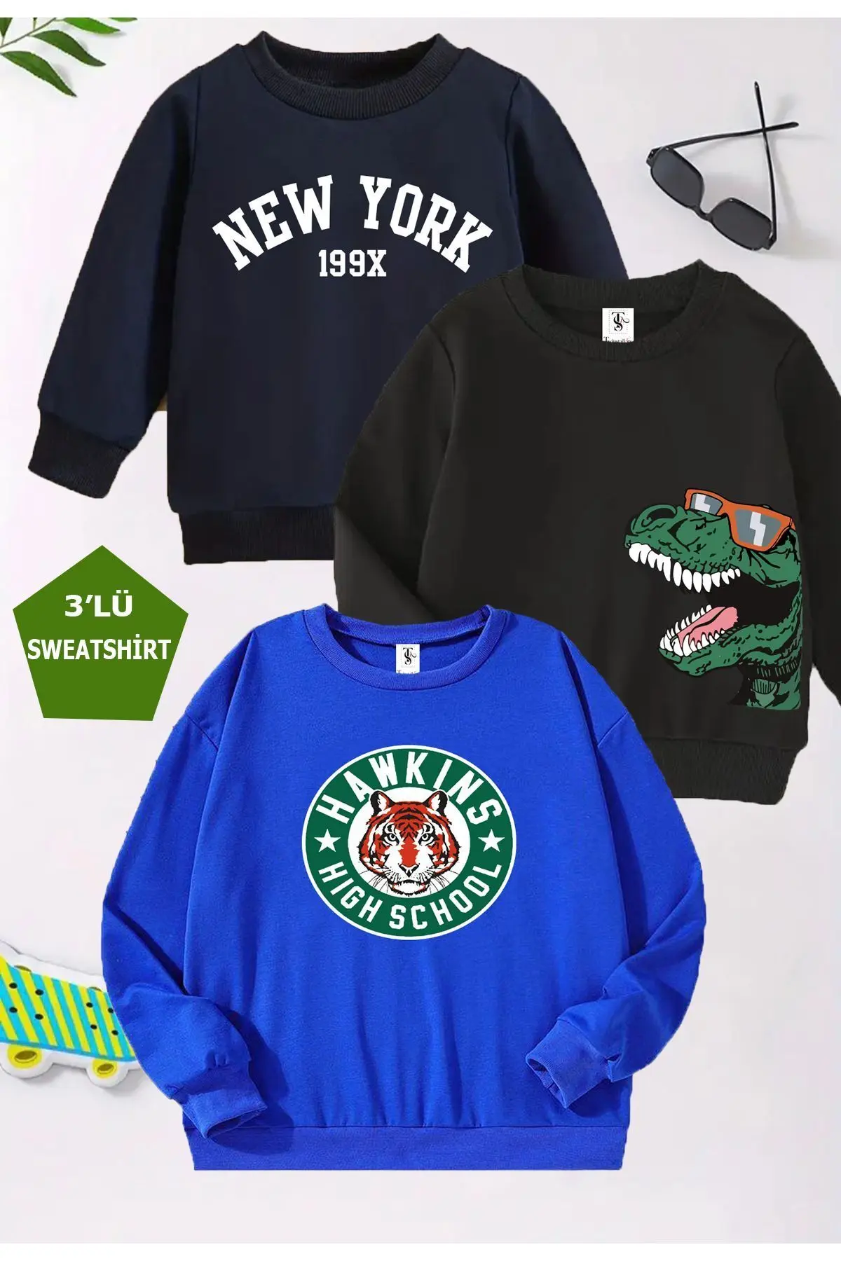 twins tailors Kaplan Baskılı 3'lü Paket Unisex Saks Mavisi-Lacivert-Siyah Bisiklet Yaka Çocuk Sweatshirt