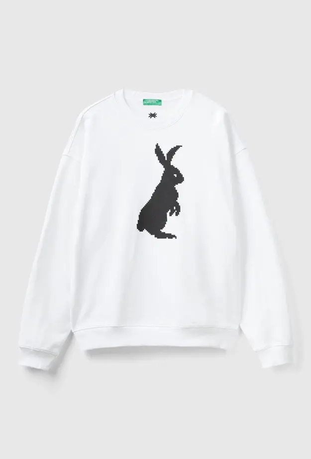 Erkek Beyaz %100 Koton Tavşan Baskılı Sweatshirt