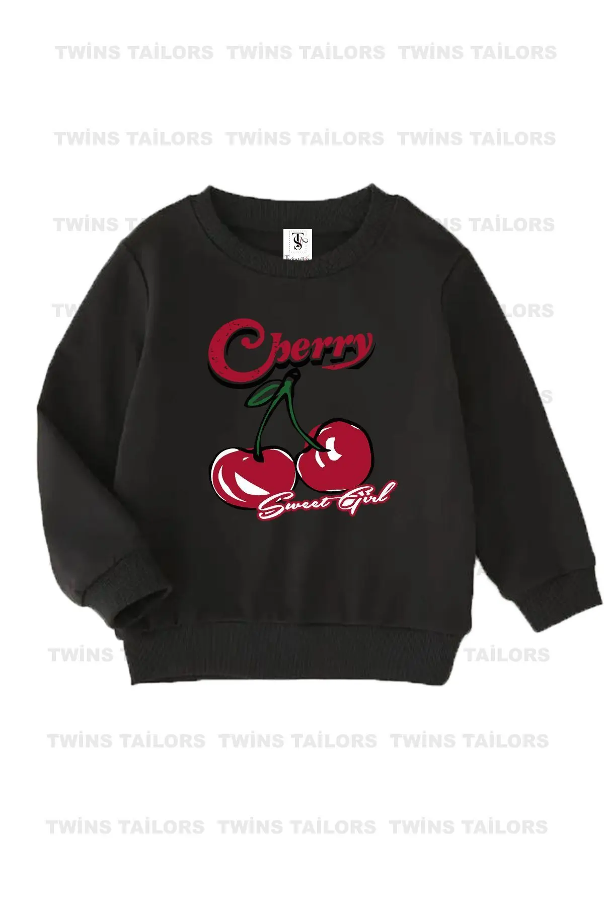 İçi polarlı Kiraz Baskılı Siyah-Gri-Kırmızı Üçlü Bisiklet Yaka Kız Çocuk Sweatshirt