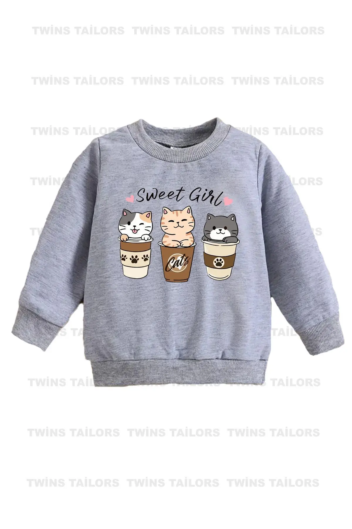 İçi polarlı Kalp Baskılı Kırmızı-Gri-Siyah Üçlü Bisiklet Yaka Kız Çocuk Sweatshirt