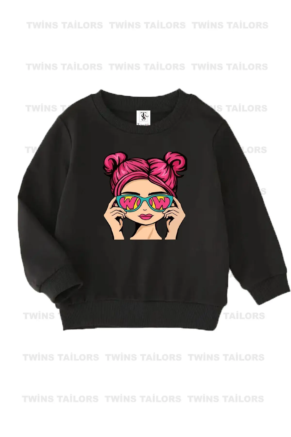 İçi polarlı Kız Baskılı Siyah-Gri-Siyah Üçlü Bisiklet Yaka Kız Çocuk Sweatshirt