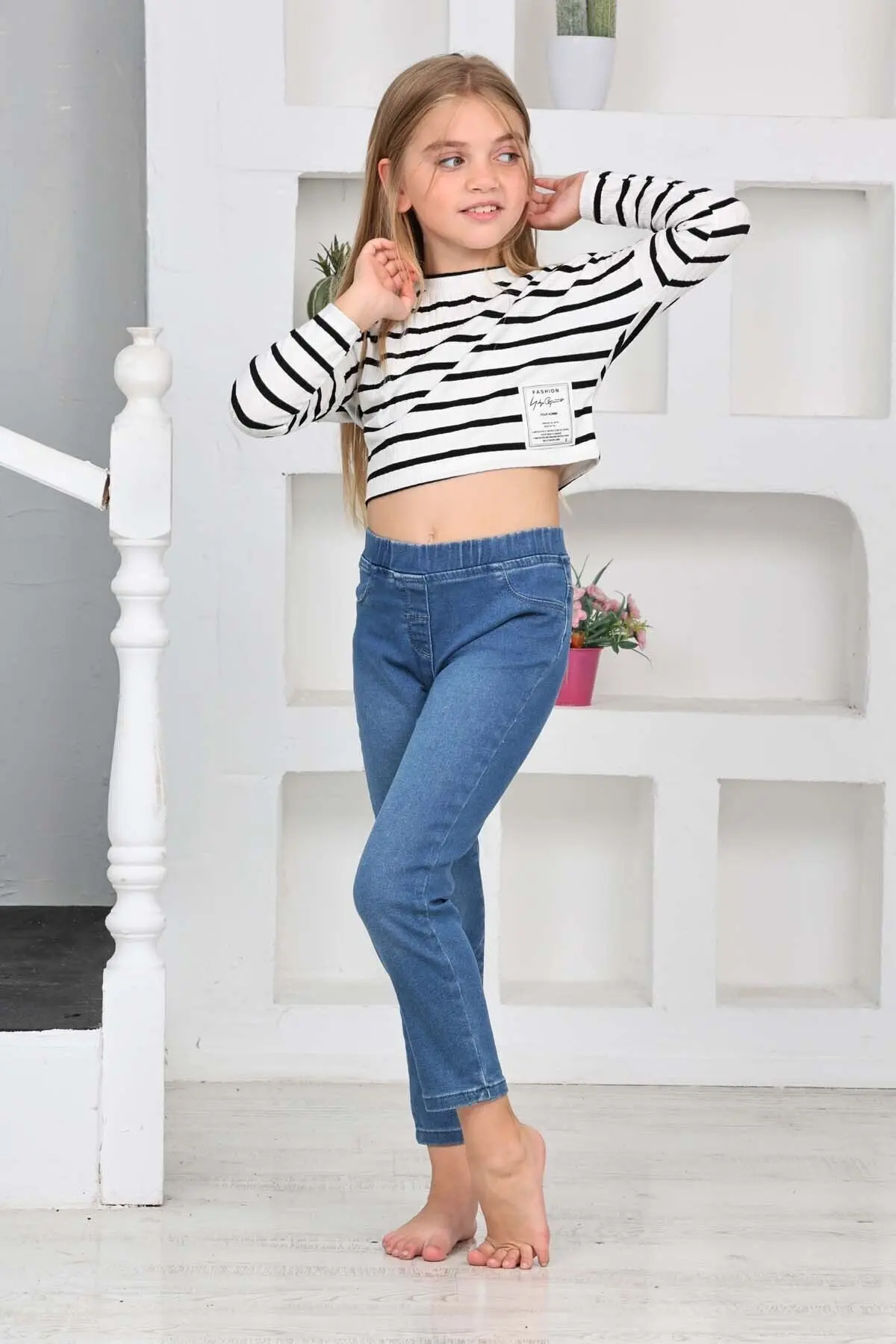 Kız Çocuk Tayt Bulue Jeans Dört Mevsim Dar Kalıp Pamuklu Enine Likralı