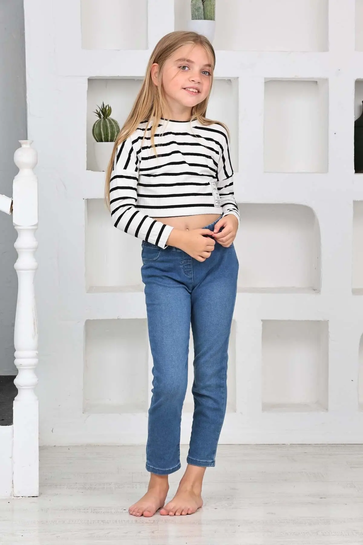 Kız Çocuk Tayt Bulue Jeans Dört Mevsim Dar Kalıp Pamuklu Enine Likralı