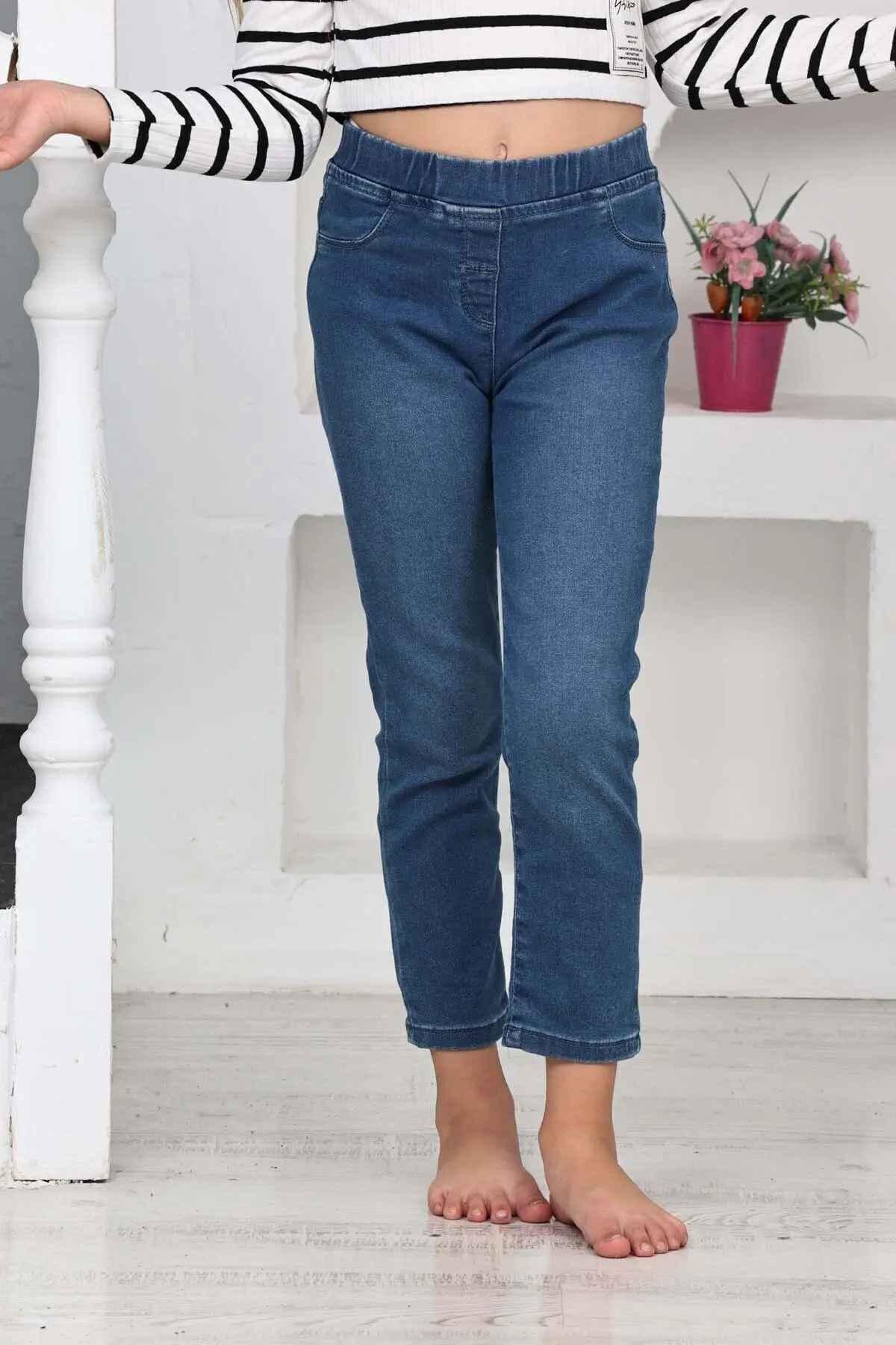 Kız Çocuk Tayt Bulue Jeans Dört Mevsim Dar Kalıp Pamuklu Enine Likralı