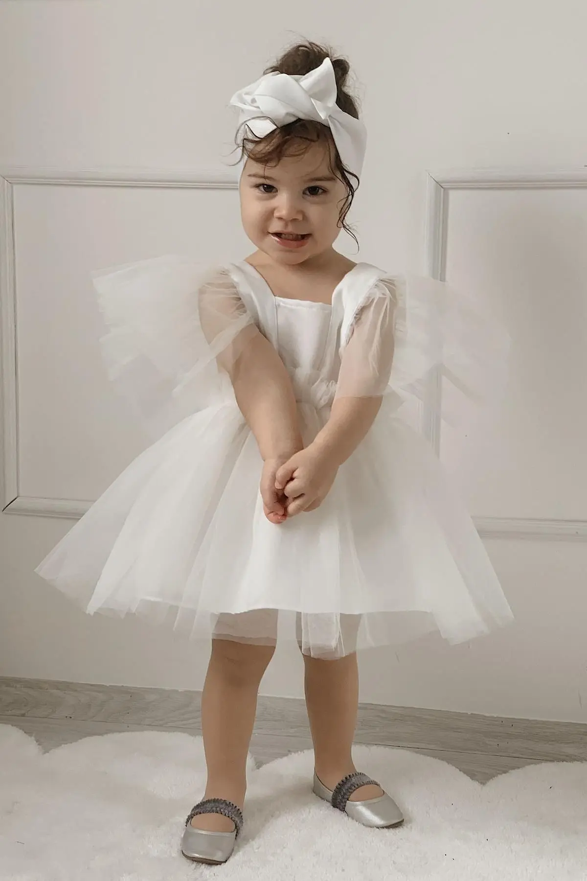 meqlife Beyaz Kız Çocuk Saten Abiye Elbise Kız Çocuk Doğum Günü Parti Kutlama Kıyafeti