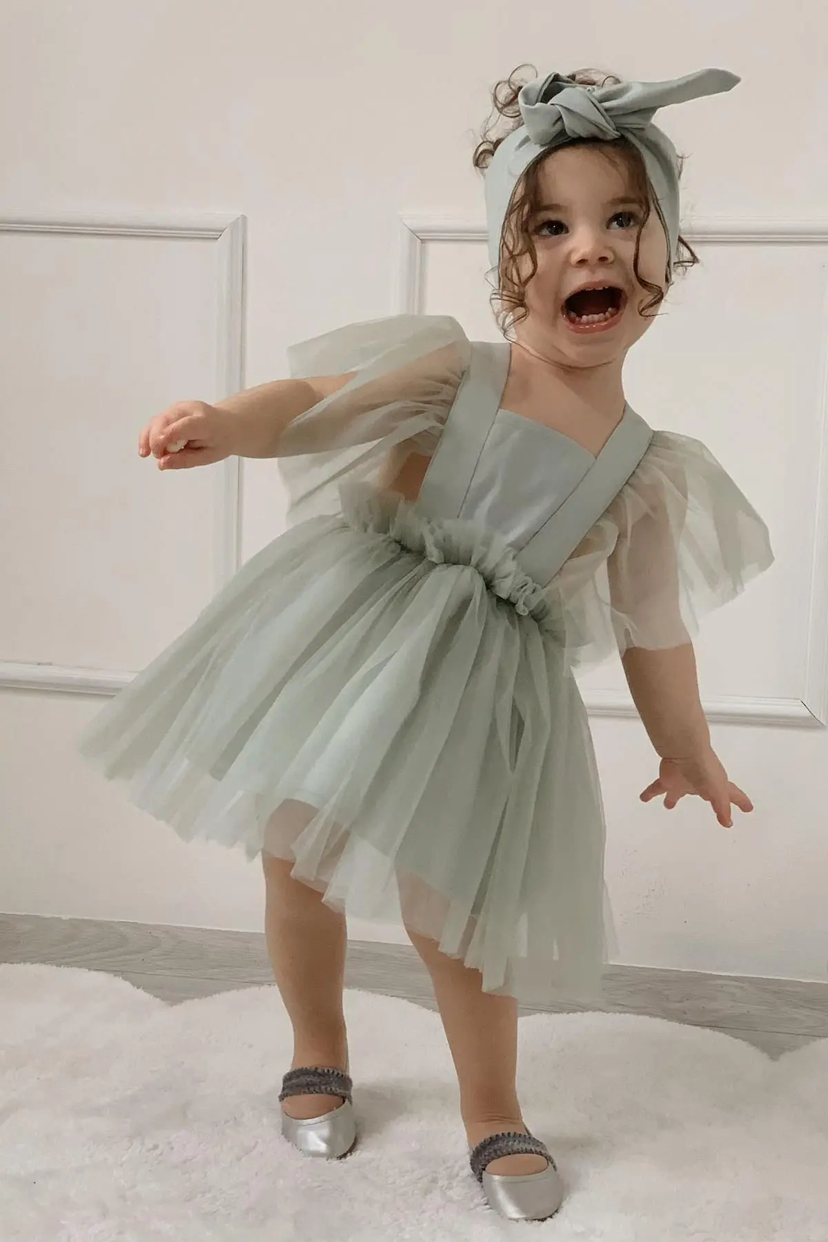 Su Yeşili Kız Çocuk Saten Abiye Elbise Kız Çocuk Doğum Günü Parti Kutlama Kıyafeti