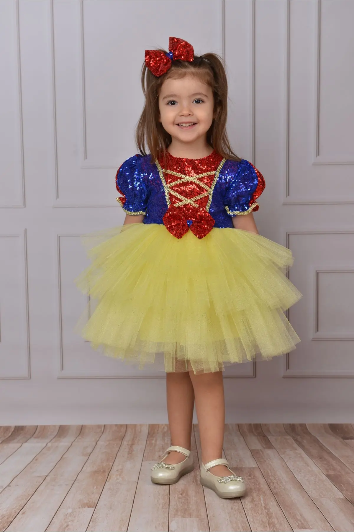 Kız Çocuk Sarı Pamuk Prenses Özelgün Doğum Günü Abiye Elbise