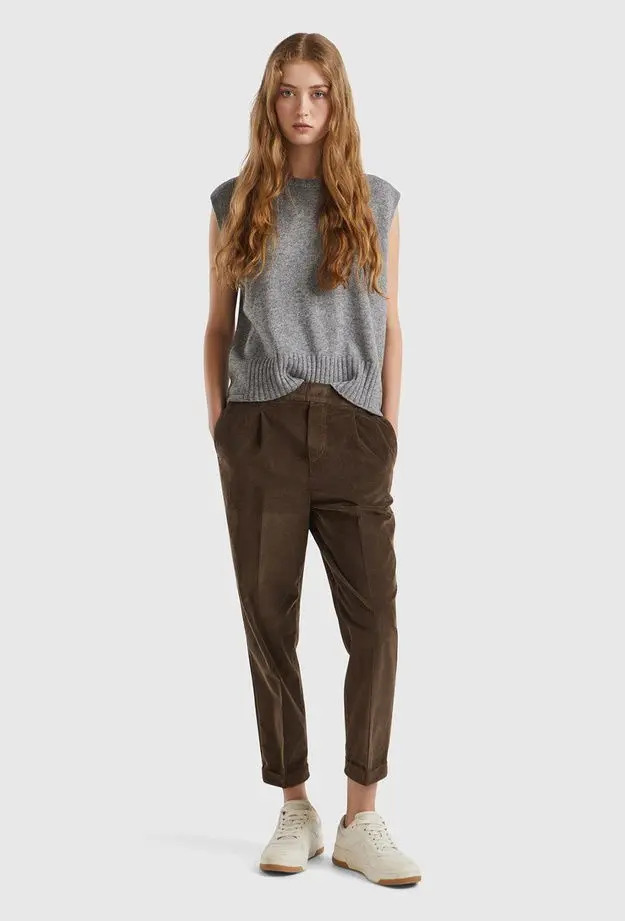 Kadın Kahverengi Beli Lastikli Kadife Pantolon