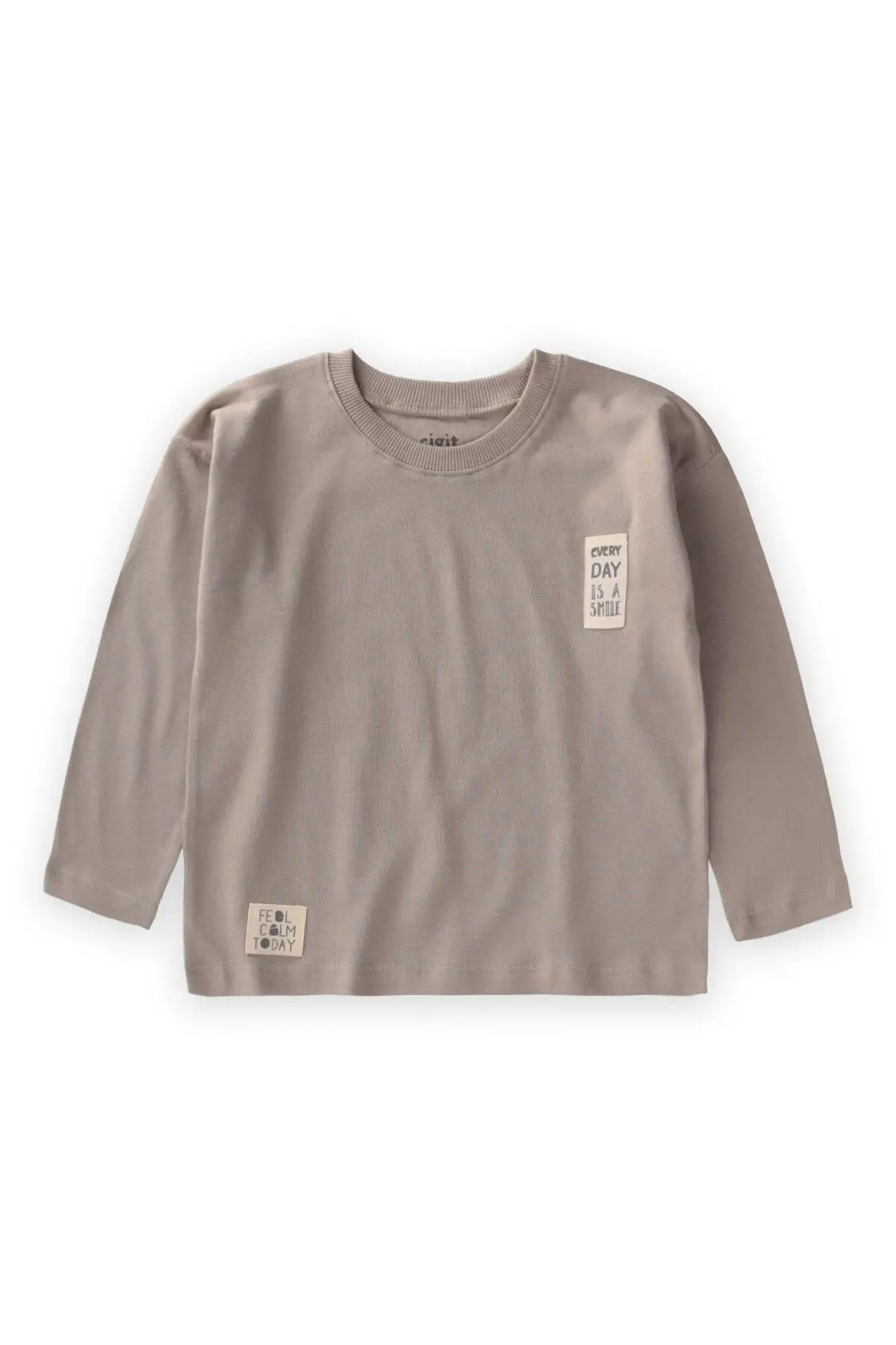 Cigit Etiket Detaylı Mevsimlik T-Shırt 2-10 Yaş Vizon