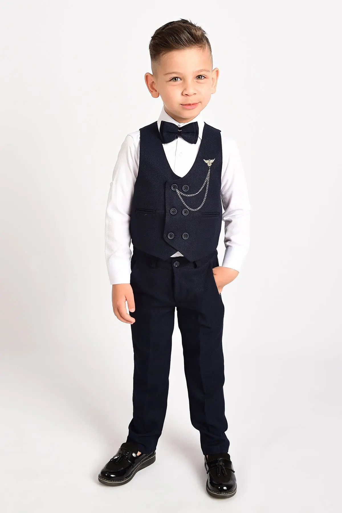 Erkek Çocuk Smokin Takım Elbise Yelekli Papyonlu