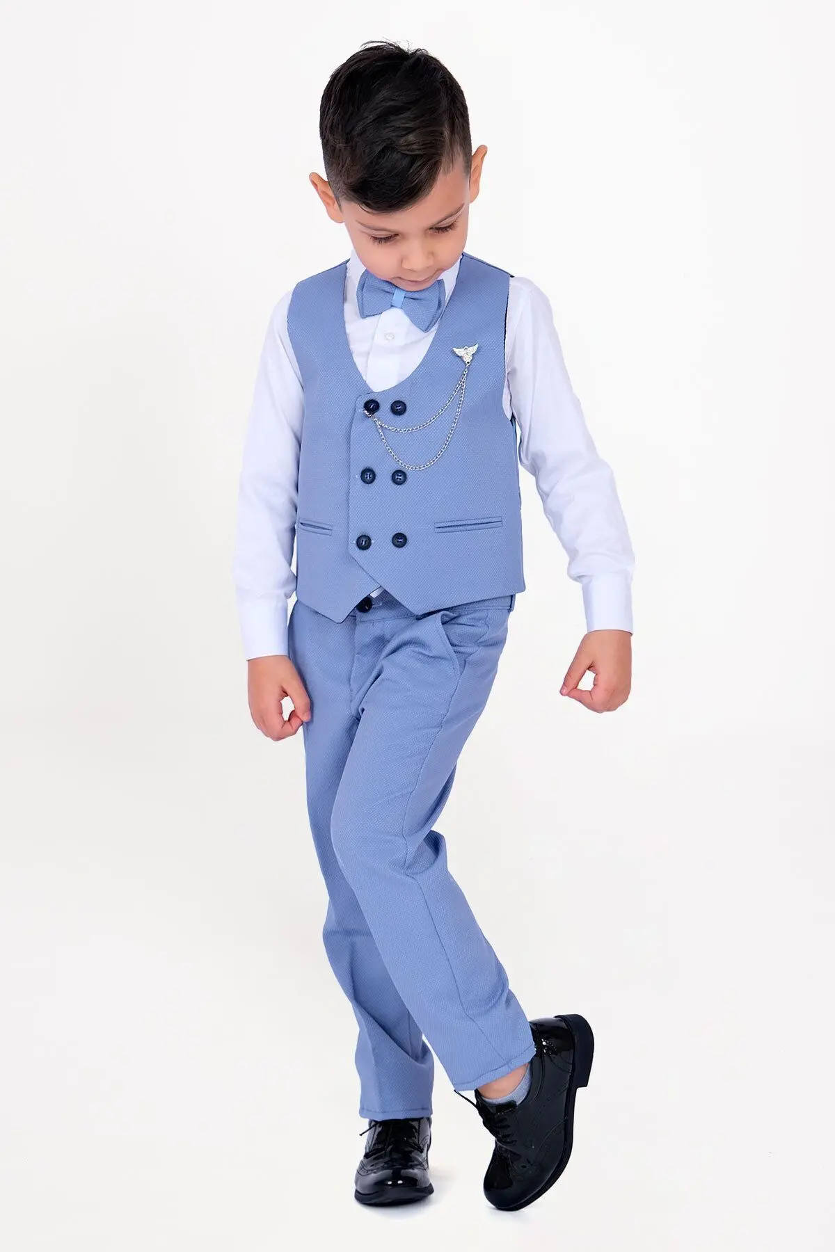 Erkek Çocuk Smokin Takım Elbise Yelekli Papyonlu