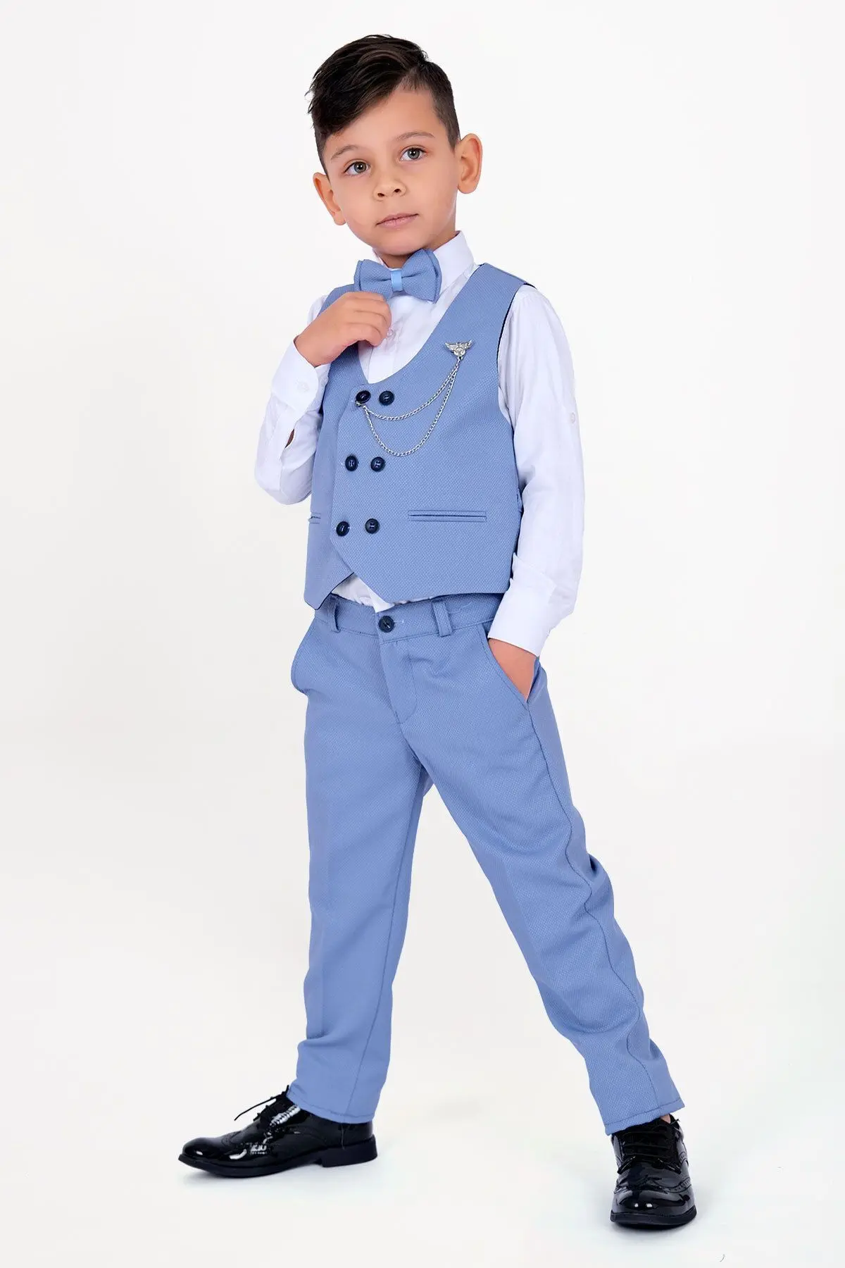 Erkek Çocuk Smokin Takım Elbise Yelekli Papyonlu