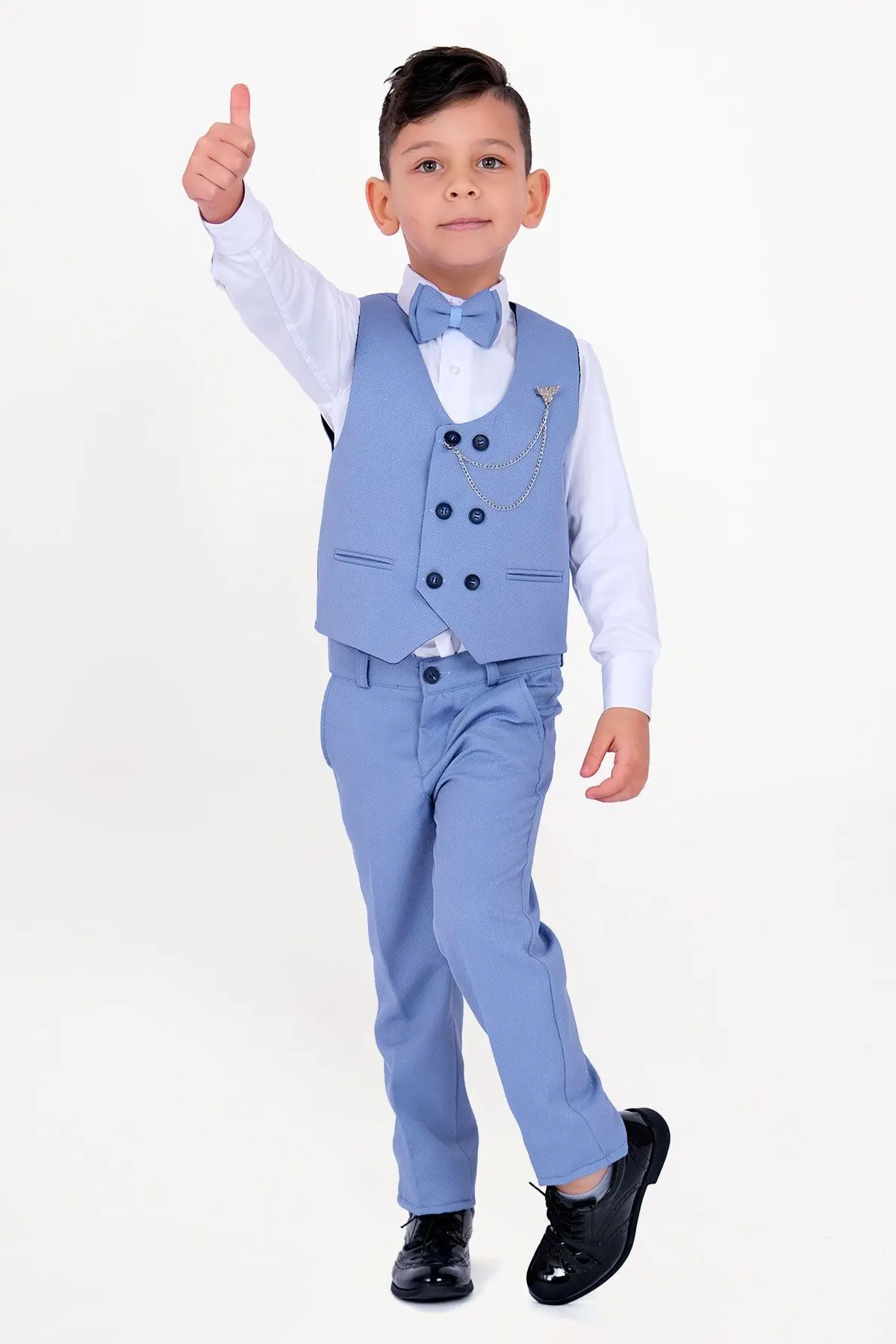 Erkek Çocuk Smokin Takım Elbise Yelekli Papyonlu