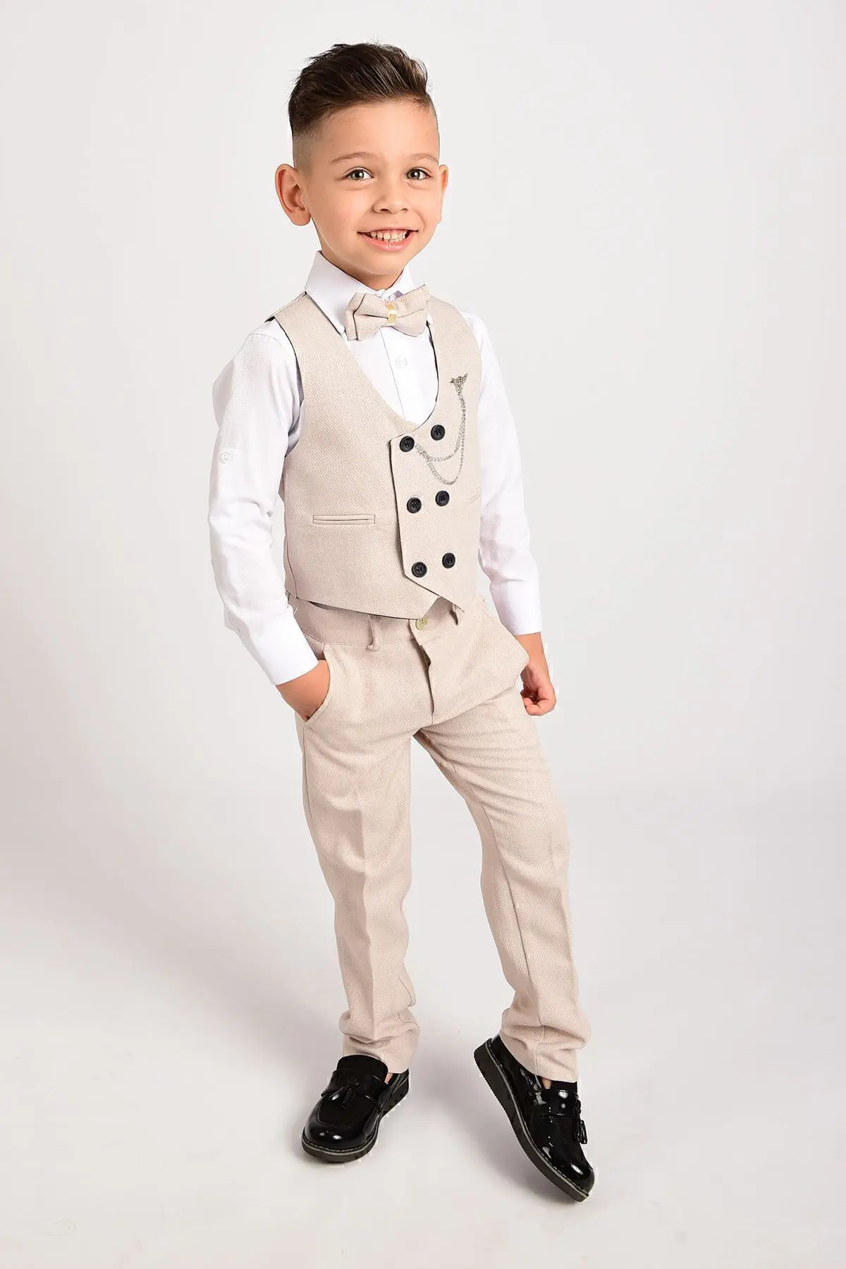 Erkek Çocuk Smokin Takım Elbise Yelekli Papyonlu