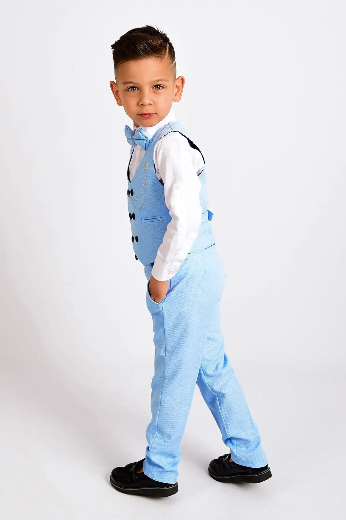 Erkek Çocuk Smokin Takım Elbise Yelekli Papyonlu
