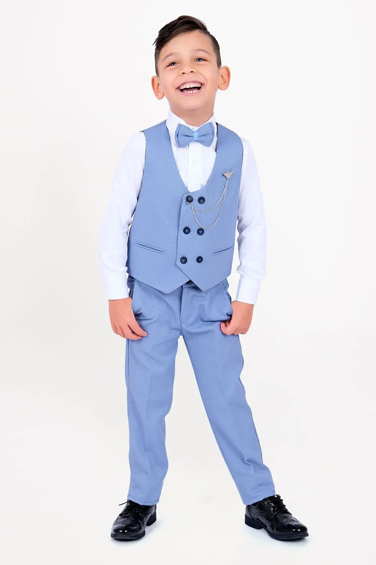 Erkek Çocuk Smokin Takım Elbise Yelekli Papyonlu