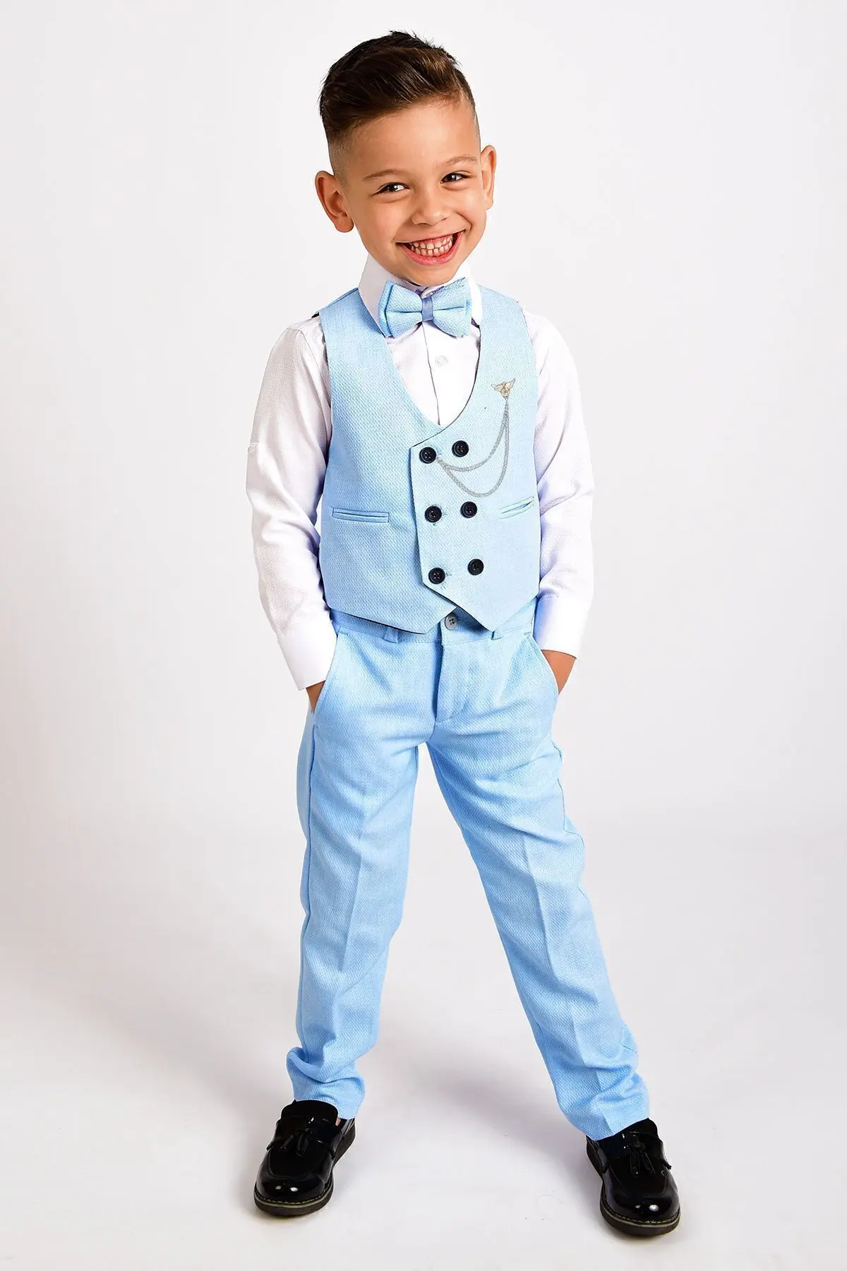 Erkek Çocuk Smokin Takım Elbise Yelekli Papyonlu