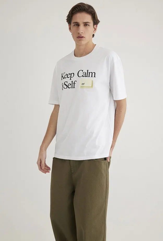 Mavi Keep Calm Baskılı Beyaz Tişört Loose Fit / Bol Rahat Kesim 0612463-620