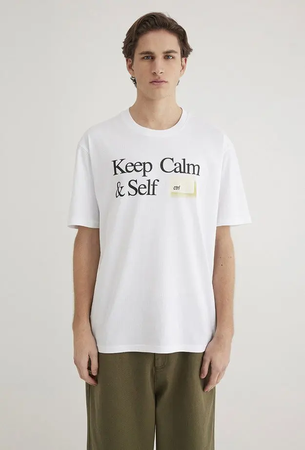 Mavi Keep Calm Baskılı Beyaz Tişört Loose Fit / Bol Rahat Kesim 0612463-620