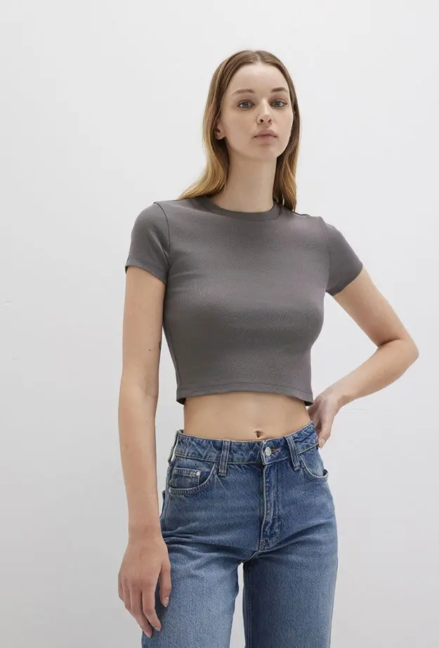Mavi Gri Basic Crop Tişört Crop / Kısa Kesim 1600814-70095