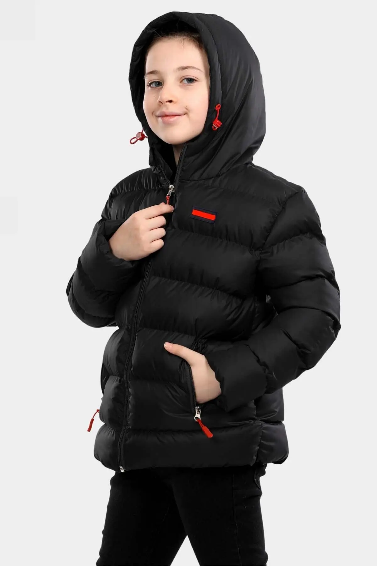 Erkek Çocuk Siyah Içi Polarlı Kürklü Su Geçirmez Kışlık Kalın Kapüşonlu Mont