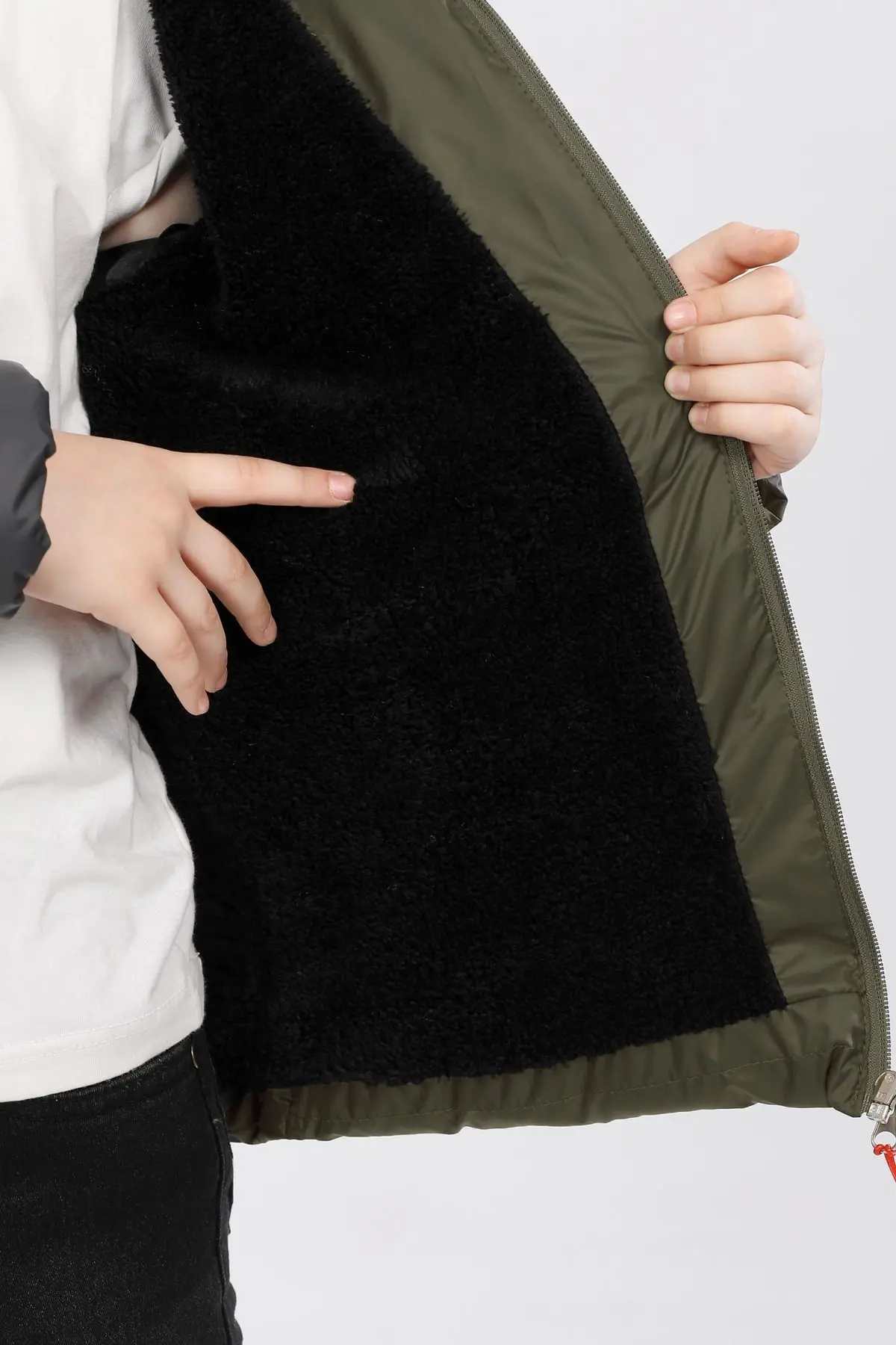 Erkek Çocuk Haki Içi Polarlı Kürklü Su Geçirmez Kışlık Kalın Kapüşonlu Mont