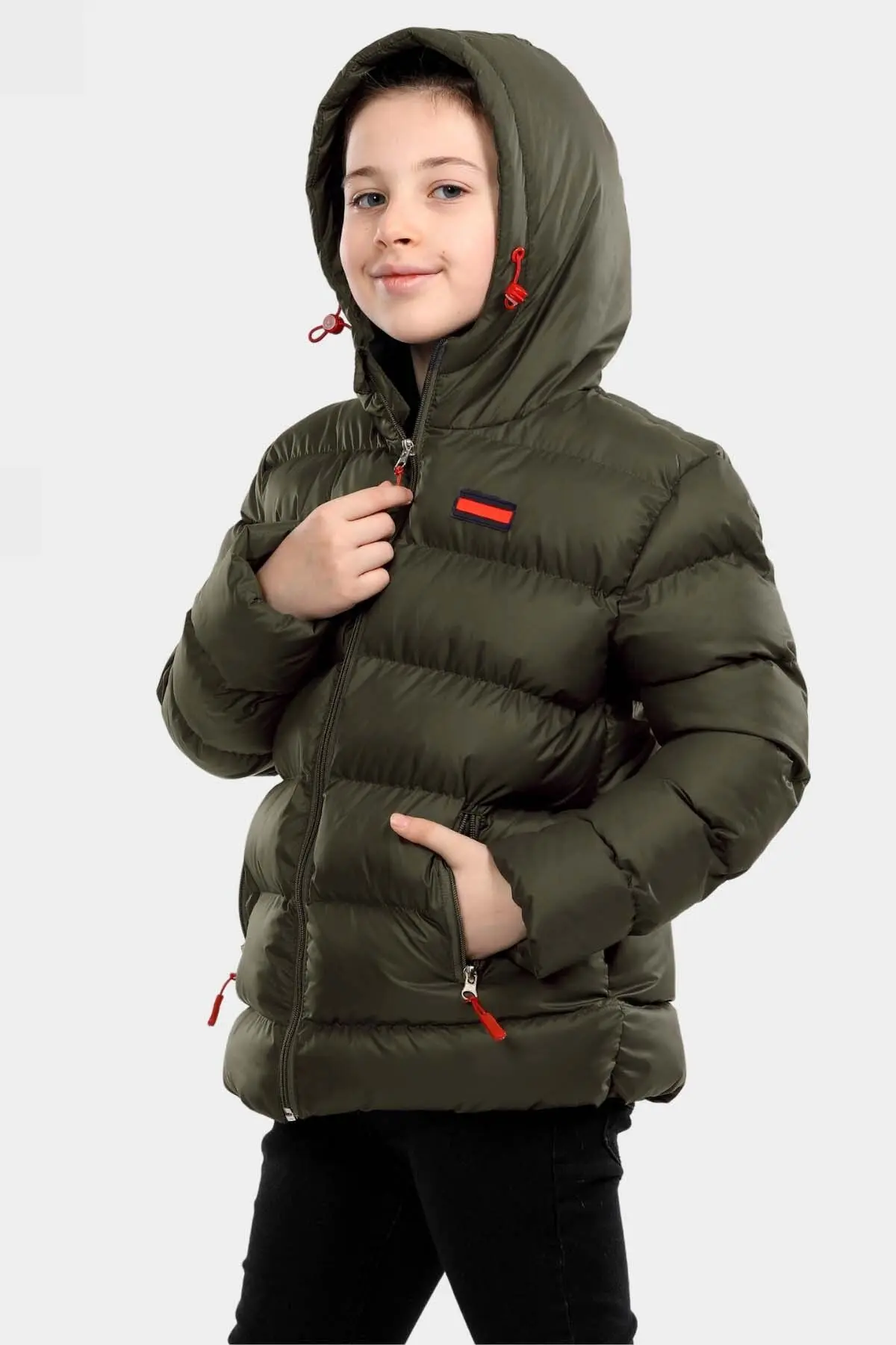 Erkek Çocuk Haki Içi Polarlı Kürklü Su Geçirmez Kışlık Kalın Kapüşonlu Mont