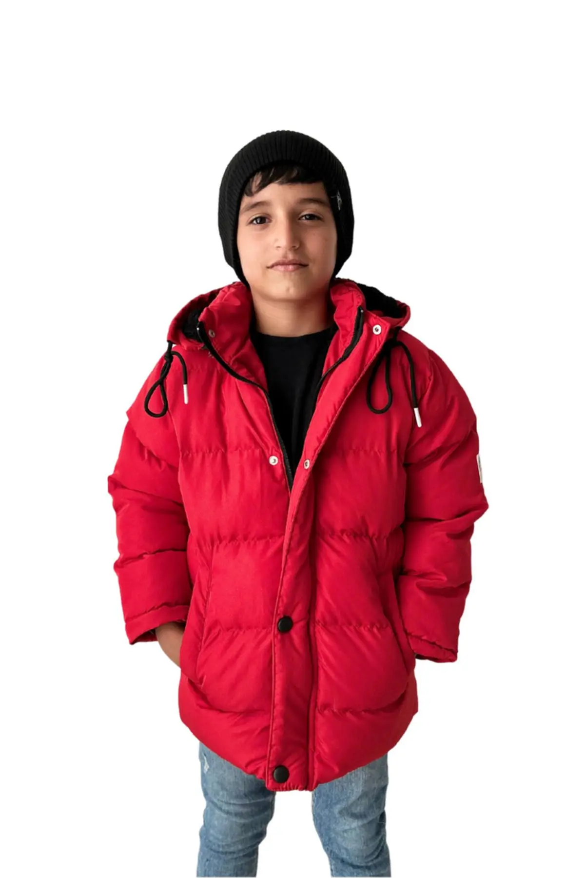Kırmızı Erkek Çocuk Montu - Içi Kürklü Çıkarılabilir Kapüşonlu Kırmızı Çocuk Mont