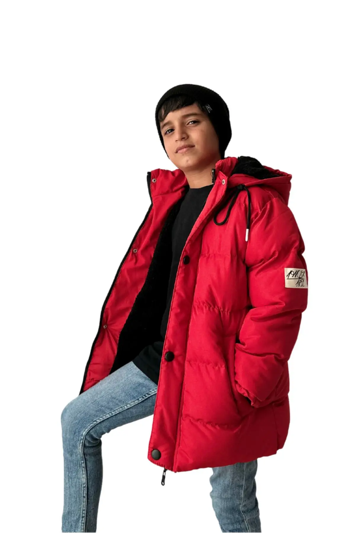 Kırmızı Erkek Çocuk Montu - Içi Kürklü Çıkarılabilir Kapüşonlu Kırmızı Çocuk Mont